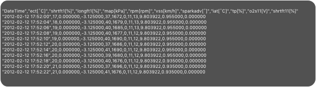 
"DateTime","ect[˚C]","shrtft1[%]","longft1[%]","map[kPa]","rpm[rpm]","vss[km/h]","sparkadv[˚]","iat[˚C]","tp[%]","o2s11[V]","shrtft11[%]""2012-02-12 17:52:00",17,0.000000,-3.125000,37,1672,0,11,13,9.803922,0.955000,0.000000"2012-02-12 17:52:04",18,0.000000,-3.125000,40,1679,0,11,13,9.803922,0.955000,0.000000"2012-02-12 17:52:06",19,0.000000,-3.125000,40,1685,0,11,13,9.803922,0.955000,0.000000"2012-02-12 17:52:08",19,0.000000,-3.125000,40,1677,0,11,12,9.803922,0.955000,0.000000"2012-02-12 17:52:10",19,0.000000,-3.125000,40,1690,0,11,12,9.803922,0.955000,0.000000"2012-02-12 17:52:12",20,0.000000,-3.125000,37,1686,0,11,12,9.803922,0.955000,0.000000"2012-02-12 17:52:14",20,0.000000,-3.125000,41,1690,0,11,12,9.803922,0.955000,0.000000"2012-02-12 17:52:16",20,0.000000,-3.125000,39,1680,0,11,12,9.803922,0.955000,0.000000"2012-02-12 17:52:18",20,0.000000,-3.125000,40,1676,0,11,12,9.803922,0.935000,0.000000"2012-02-12 17:52:20",21,0.000000,-3.125000,37,1696,0,11,12,9.803922,0.935000,0.000000"2012-02-12 17:52:22",21,0.000000,-3.125000,41,1676,0,11,12,9.803922,0.935000,0.000000